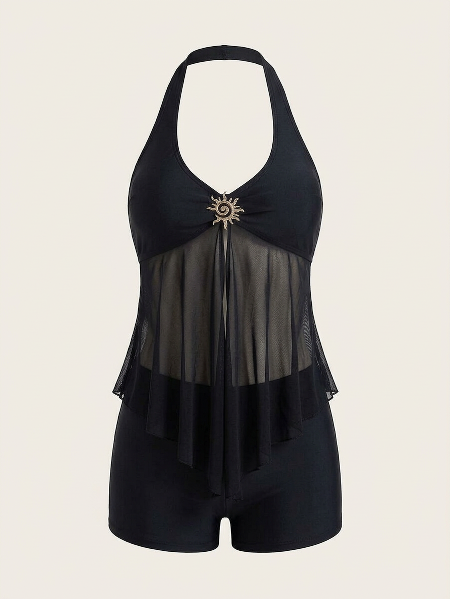 Halter Mesh Overlay Tankini Set - studio