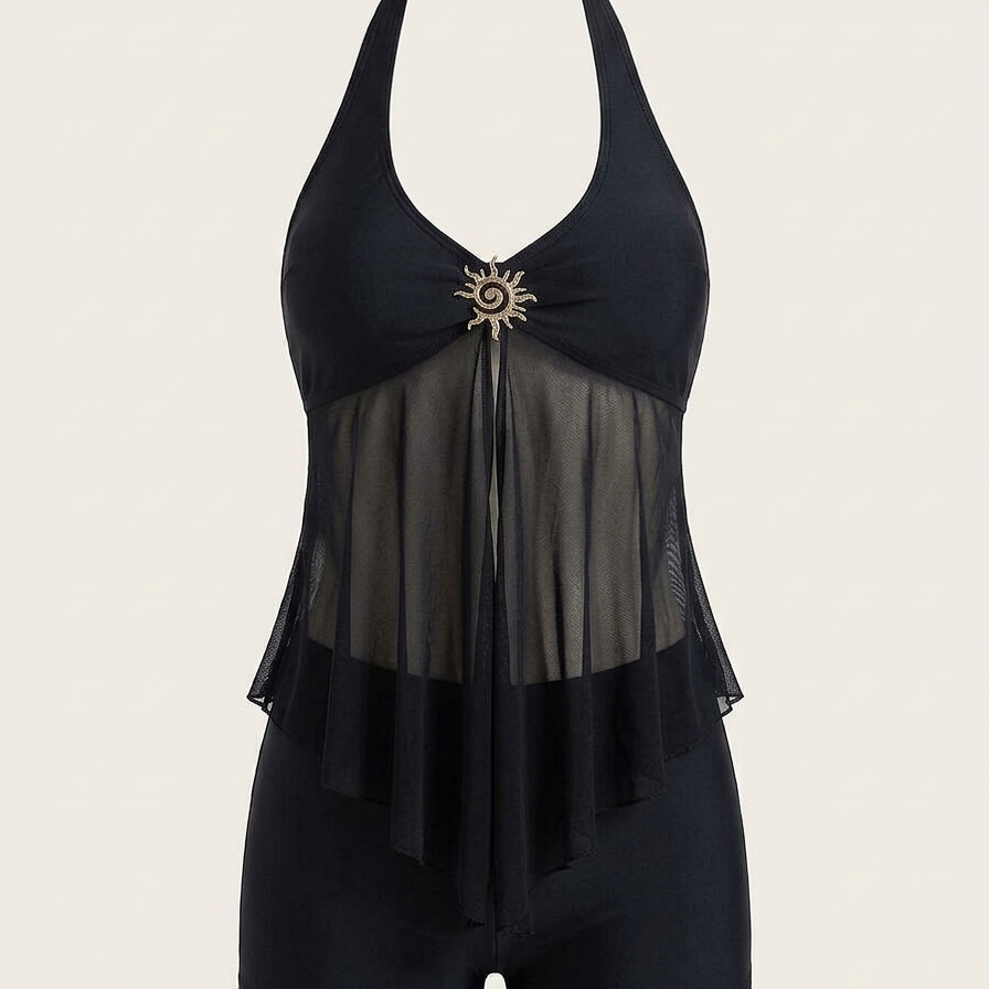 Halter Mesh Overlay Tankini Set - studio
