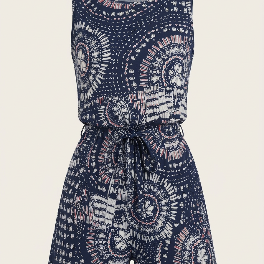 Printed Sleeveless Tie Waist Playsuit - studio
