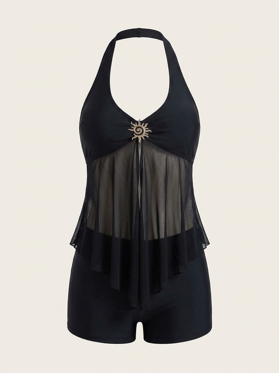 Halter Mesh Overlay Tankini Set - studio