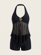 Halter Mesh Overlay Tankini Set - studio
