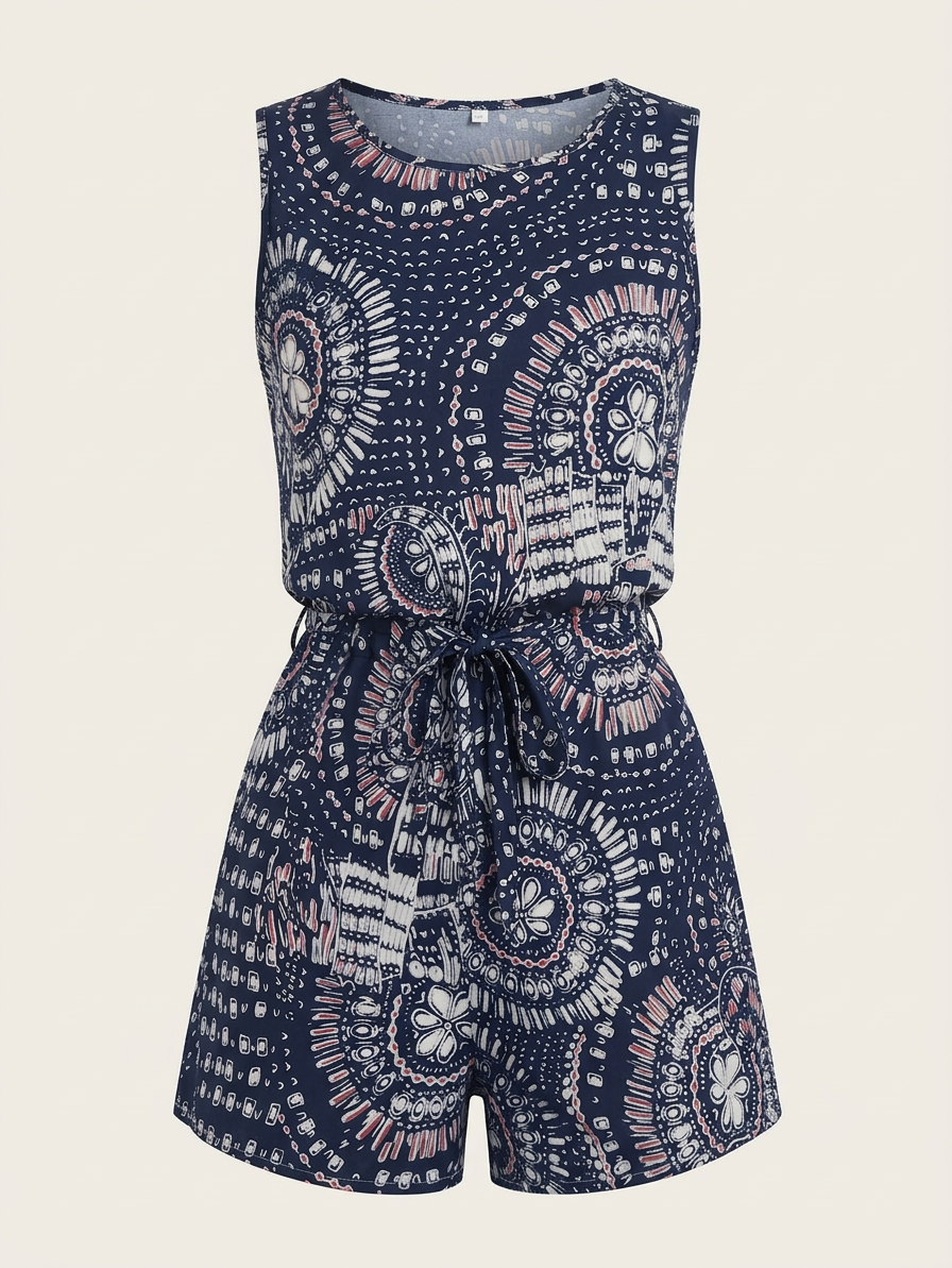 Printed Sleeveless Tie Waist Playsuit - studio